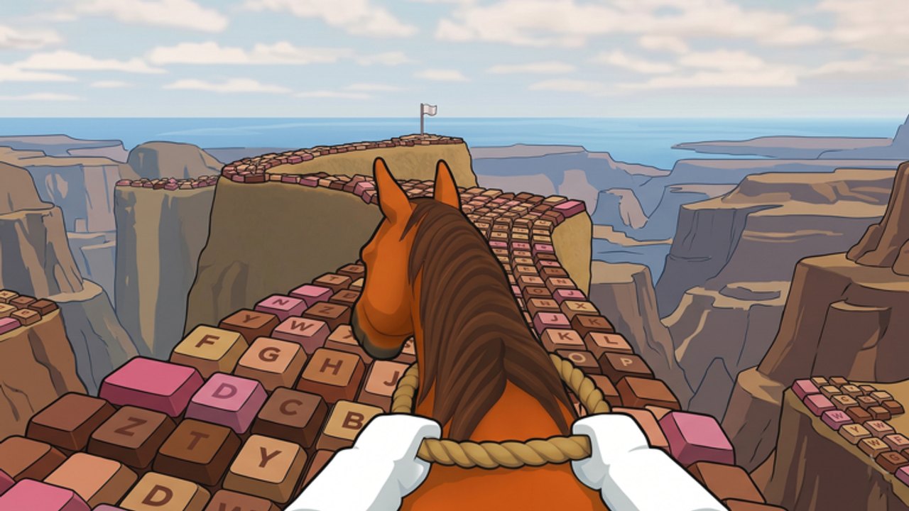First-person view riding a brown horse along a canyon trail made of giant keyboard keys toward a distant flag