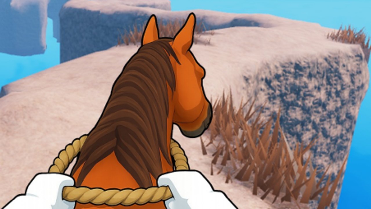 First-person reins and horse on a sandy cliff path above blue water in Dangerous Horse Riding